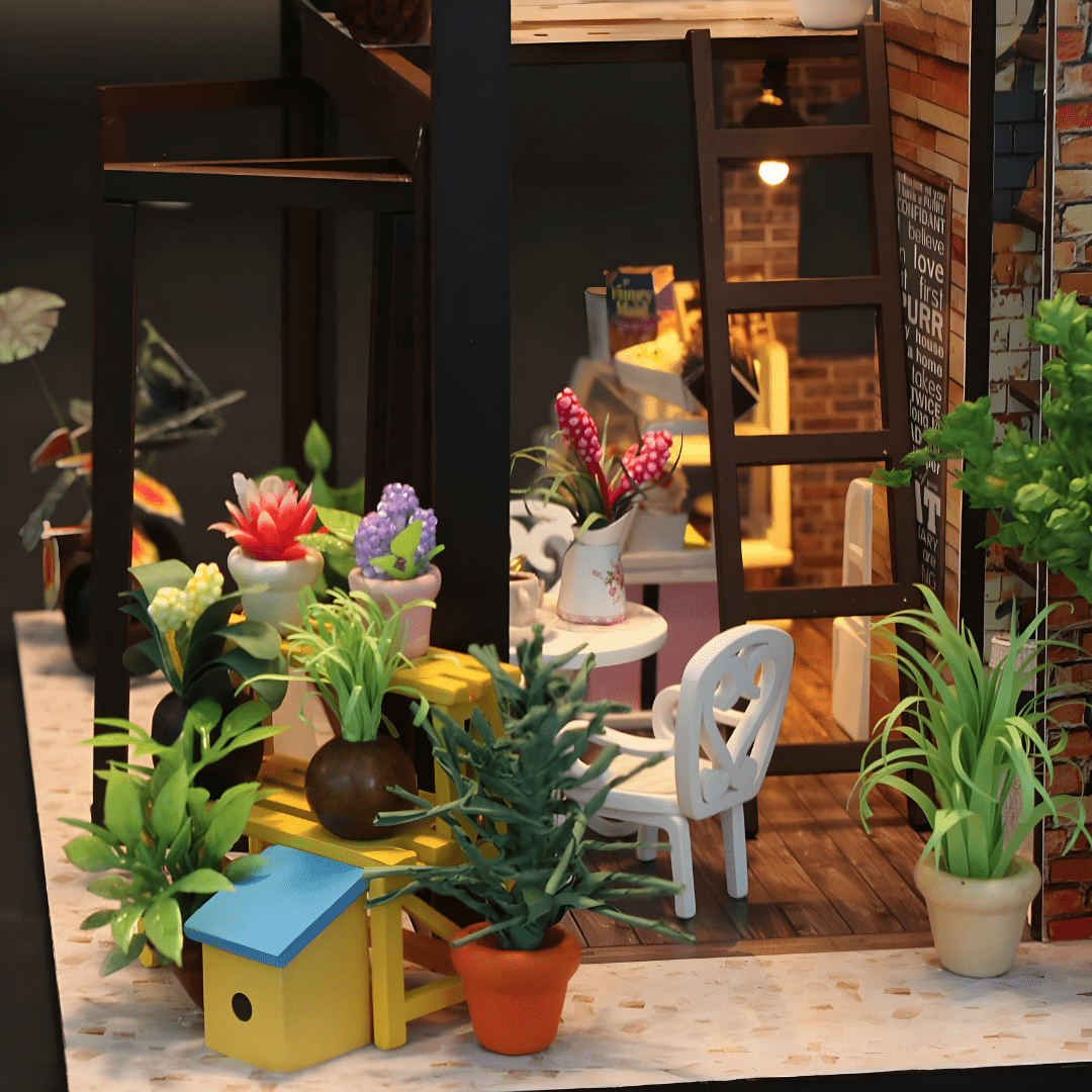 DIY miniature coffee house kit with LED lights, music box, and indoor café details – ideal for Beirut hobby crafters