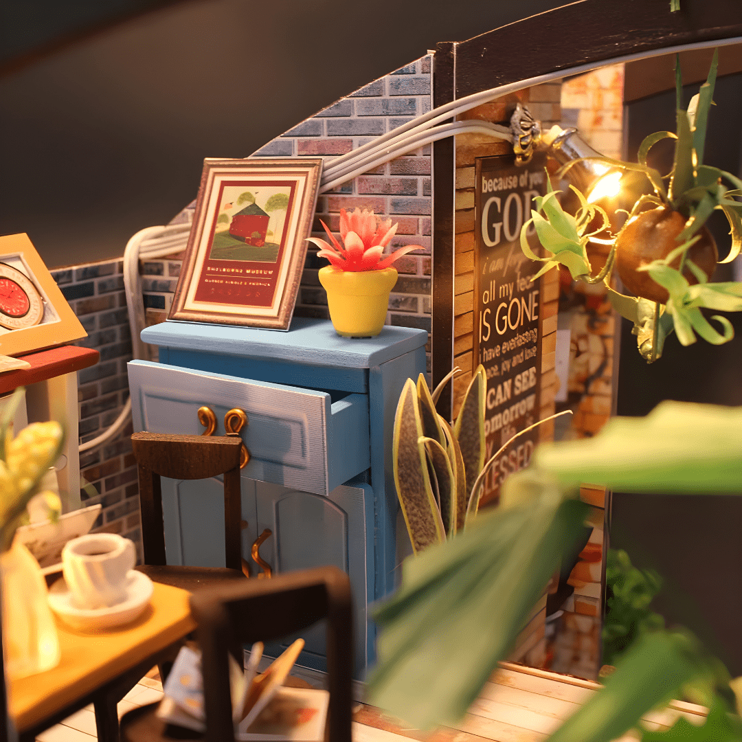 DIY miniature coffee house kit with LED lights, music box, and indoor café details – ideal for Beirut hobby crafters