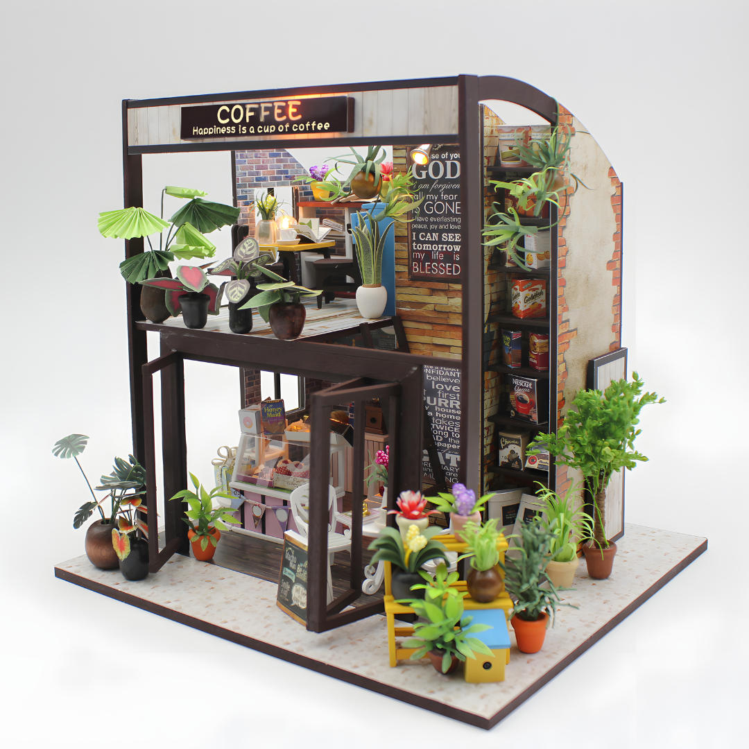 DIY miniature coffee house kit with LED lights, music box, and indoor café details – ideal for Beirut hobby crafters