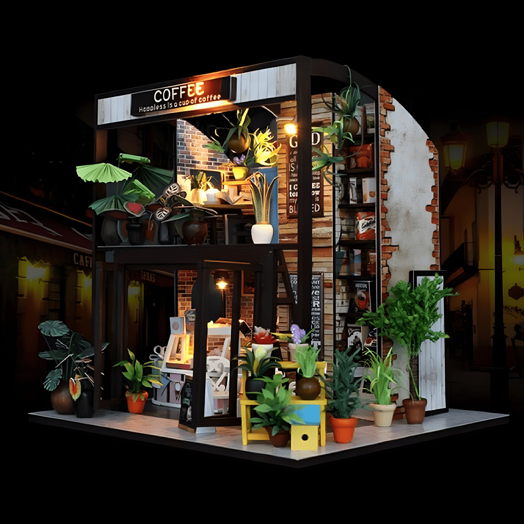 DIY miniature coffee house kit with LED lights, music box, and indoor café details – ideal for Beirut hobby crafters