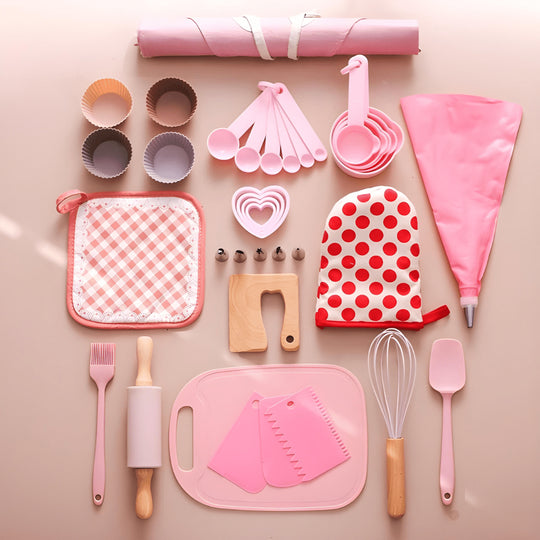 32-piece kids wooden and silicone cooking set with apron, utensils, and molds – safe BPA-free kitchen toy set for children 3+