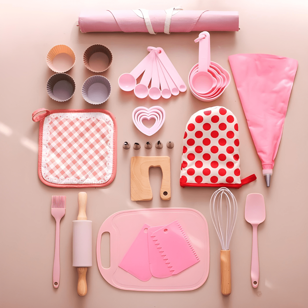 32-piece kids wooden and silicone cooking set with apron, utensils, and molds – safe BPA-free kitchen toy set for children 3+