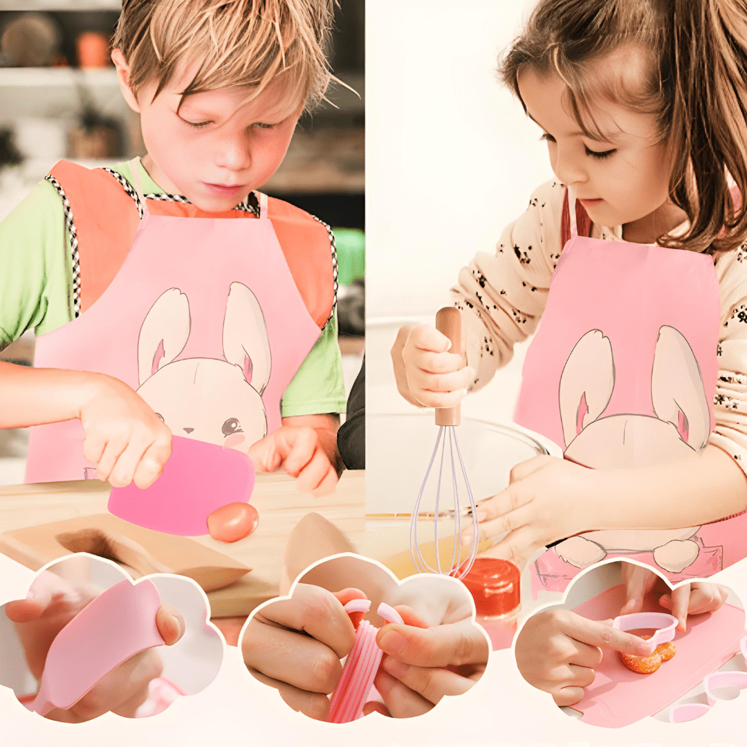 32-piece kids wooden and silicone cooking set with apron, utensils, and molds – safe BPA-free kitchen toy set for children 3+