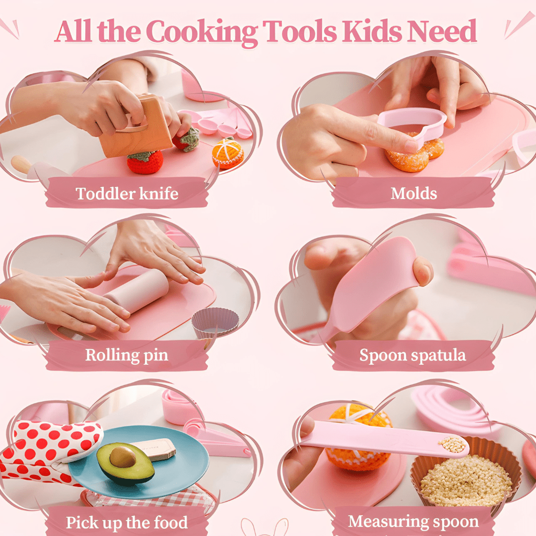 32-piece kids wooden and silicone cooking set with apron, utensils, and molds – safe BPA-free kitchen toy set for children 3+
