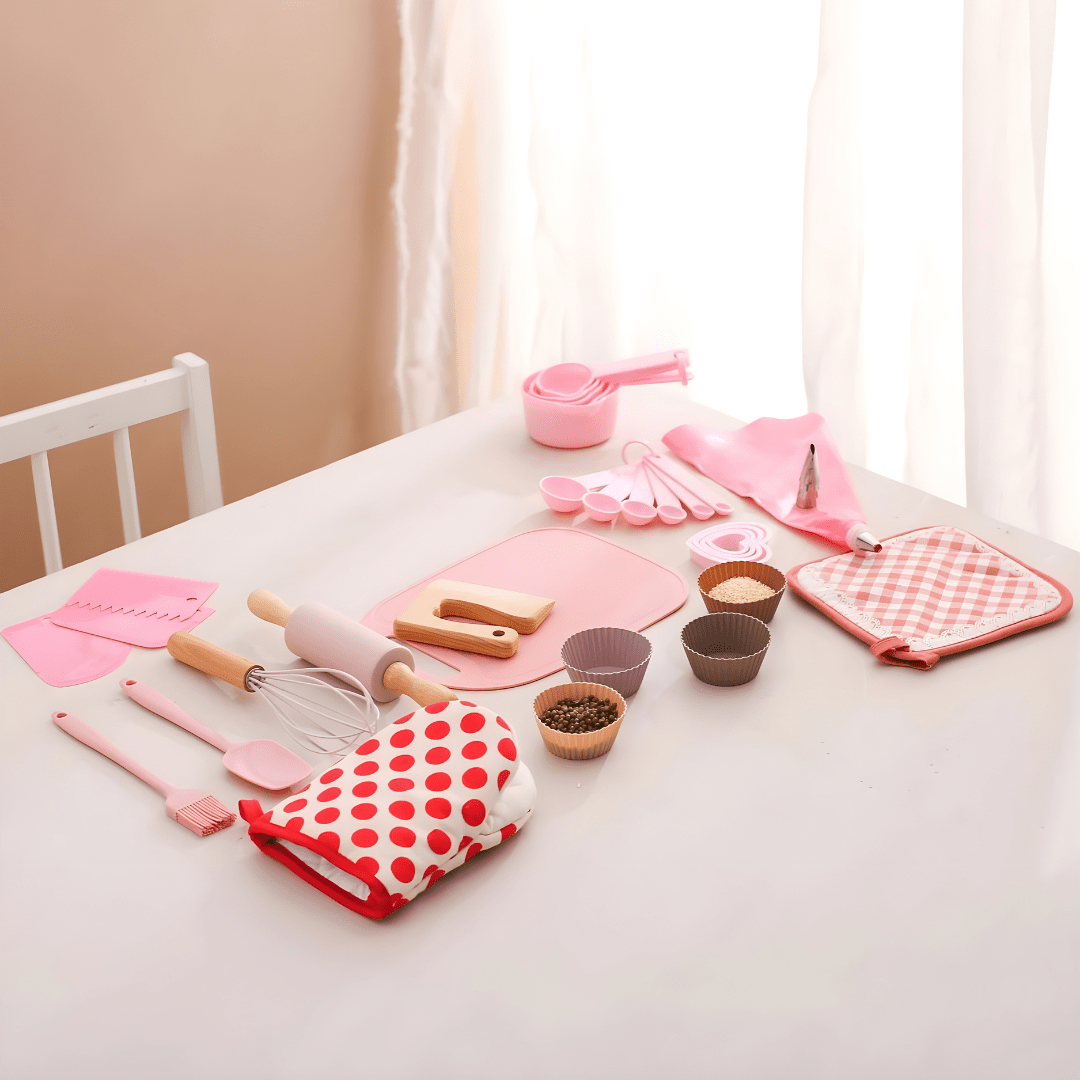 32-piece kids wooden and silicone cooking set with apron, utensils, and molds – safe BPA-free kitchen toy set for children 3+