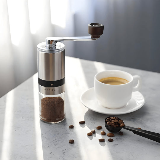 Manual Coffee Grinder with Stainless Steel Body and Glass Jar – Adjustable Coarseness