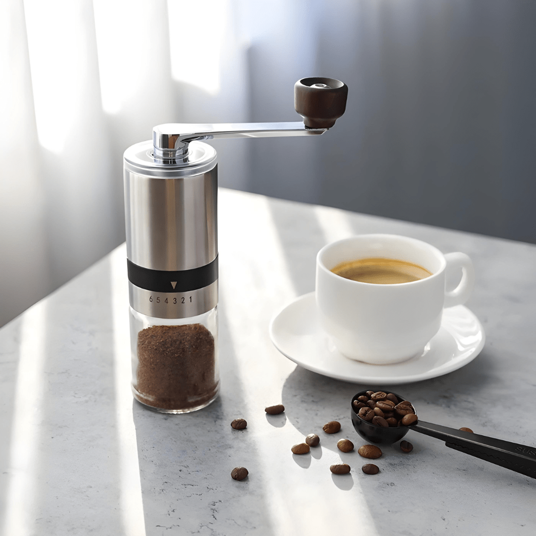 Manual Coffee Grinder with Stainless Steel Body and Glass Jar – Adjustable Coarseness