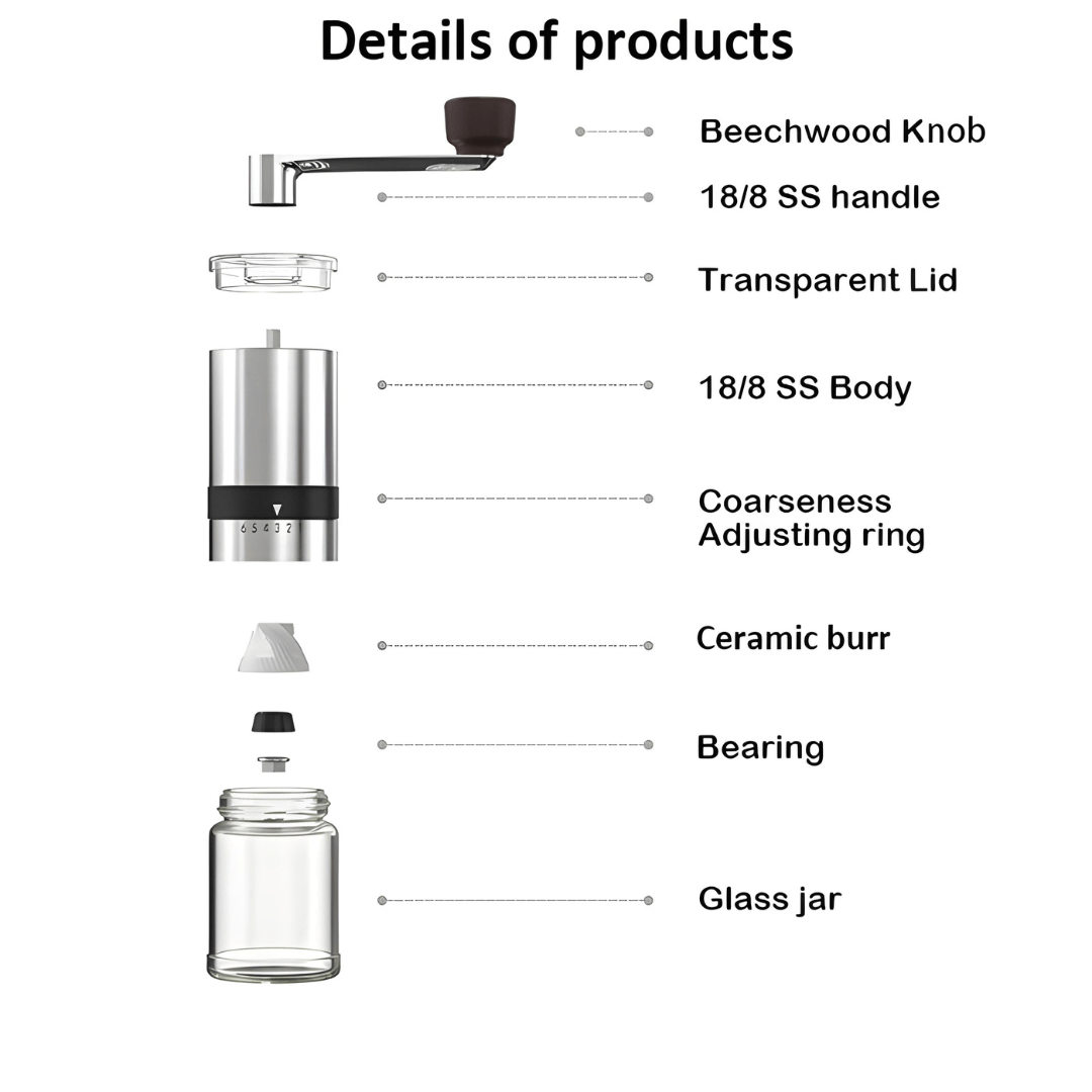 Manual Coffee Grinder with Stainless Steel Body and Glass Jar – Adjustable Coarseness