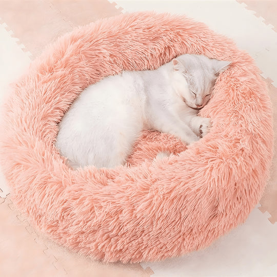 Soft faux fur donut cat or dog bed – 80cm, pink or gray, washable