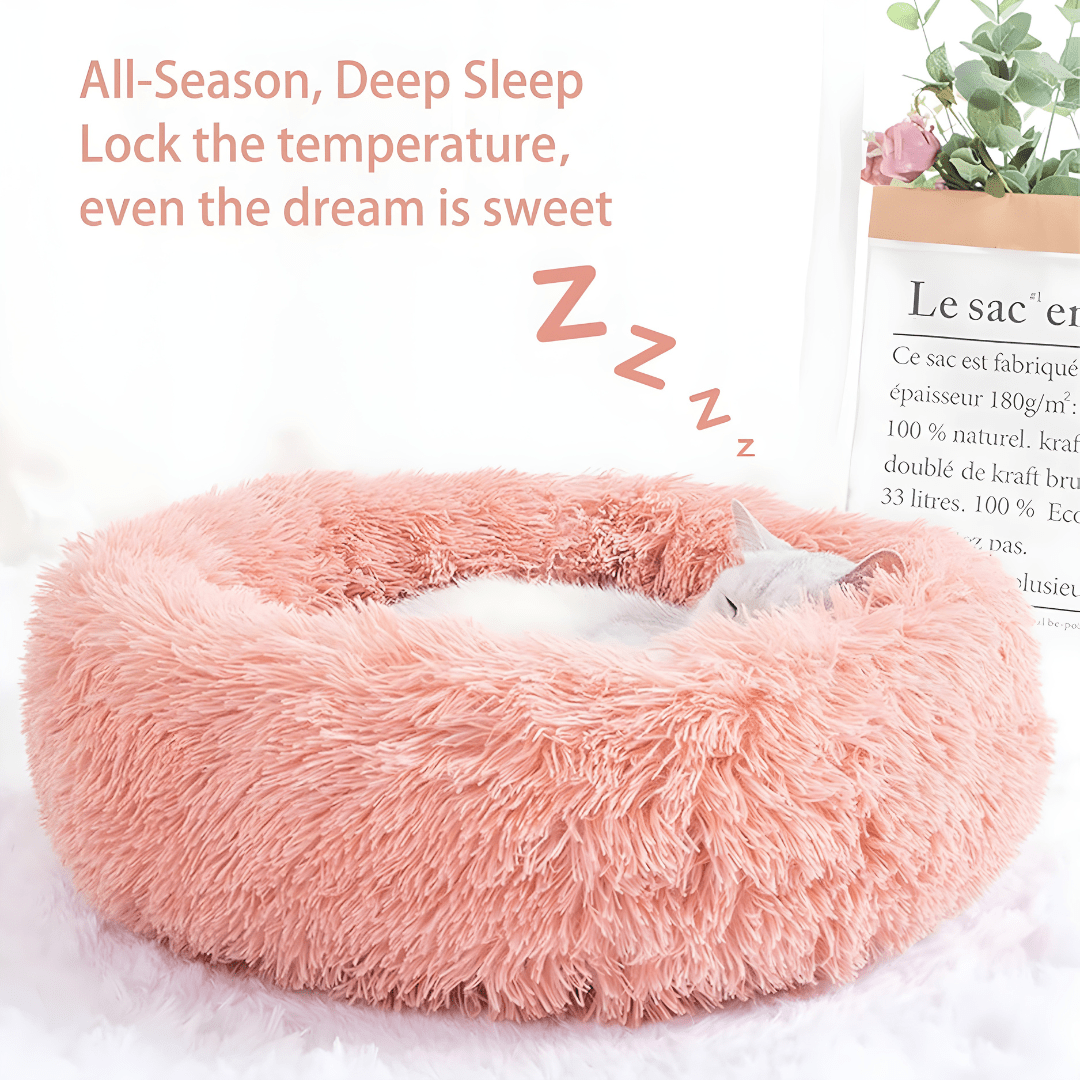 Soft faux fur donut cat or dog bed – 80cm, pink or gray, washable