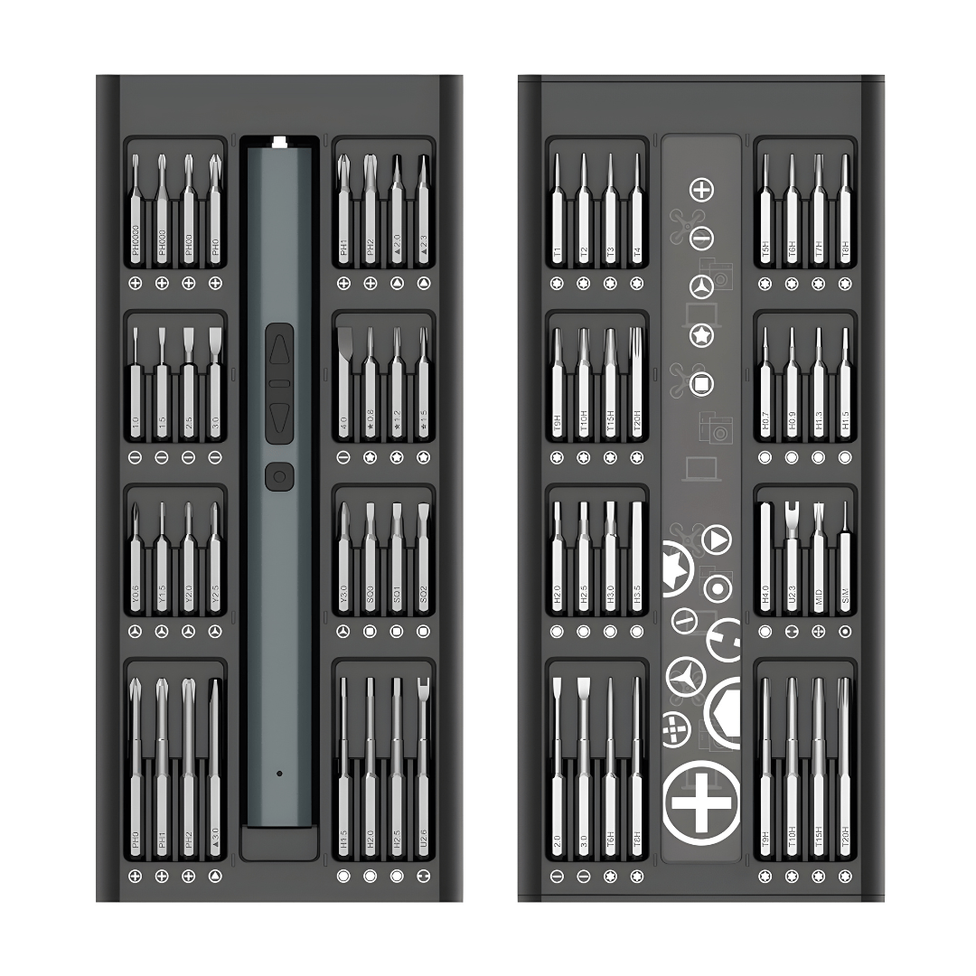 Cordless electric precision screwdriver set with 66 pieces, magnetic case, USB charging, and high-hardness bits – ideal for electronics and home repairs.