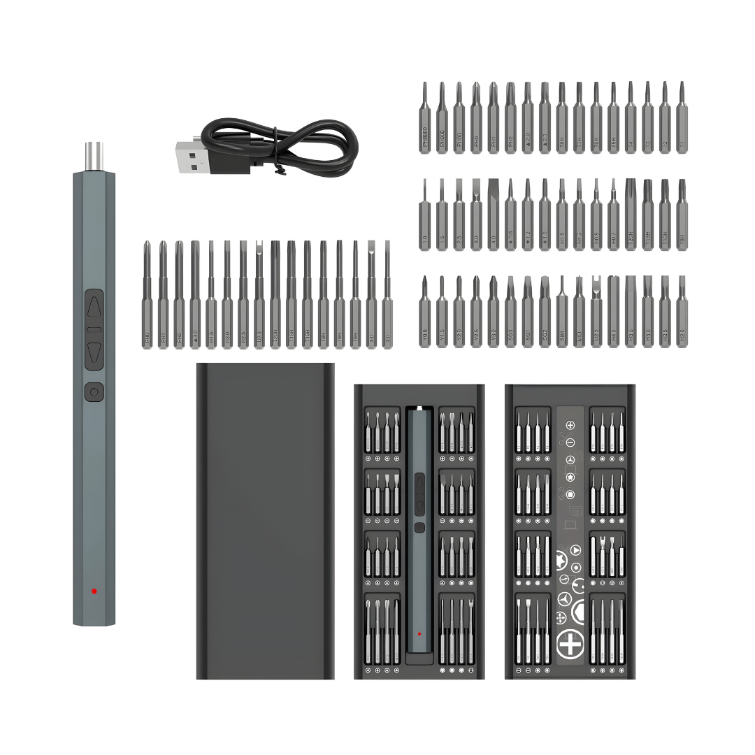Cordless electric precision screwdriver set with 66 pieces, magnetic case, USB charging, and high-hardness bits – ideal for electronics and home repairs.