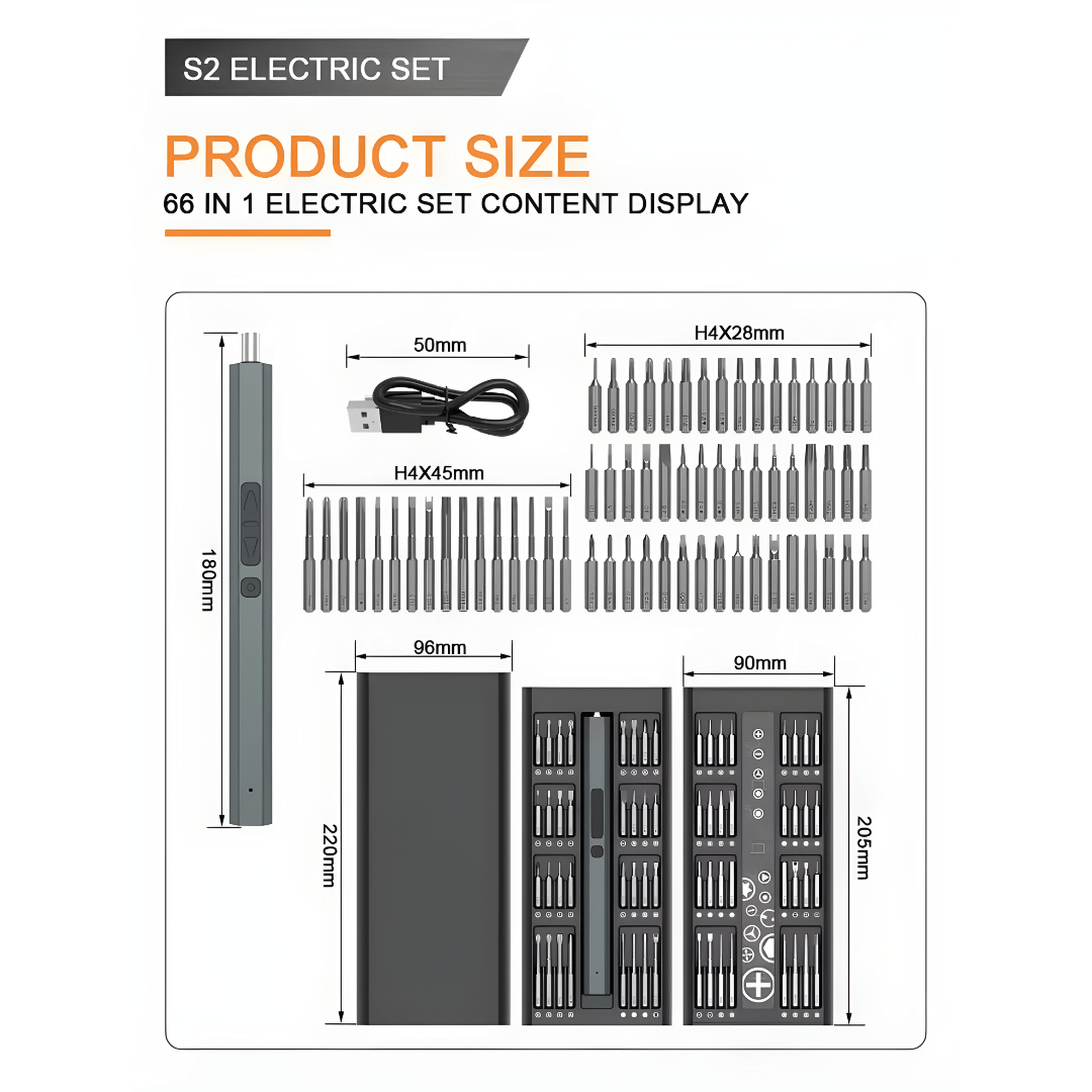 Cordless electric precision screwdriver set with 66 pieces, magnetic case, USB charging, and high-hardness bits – ideal for electronics and home repairs.
