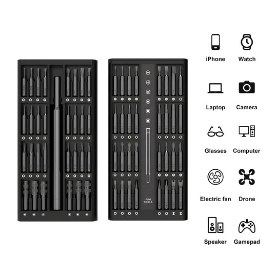 63-in-1 magnetic screwdriver repair set with aluminum handle and precision CRV bits in compact storage case – ideal for electronics and DIY repair.