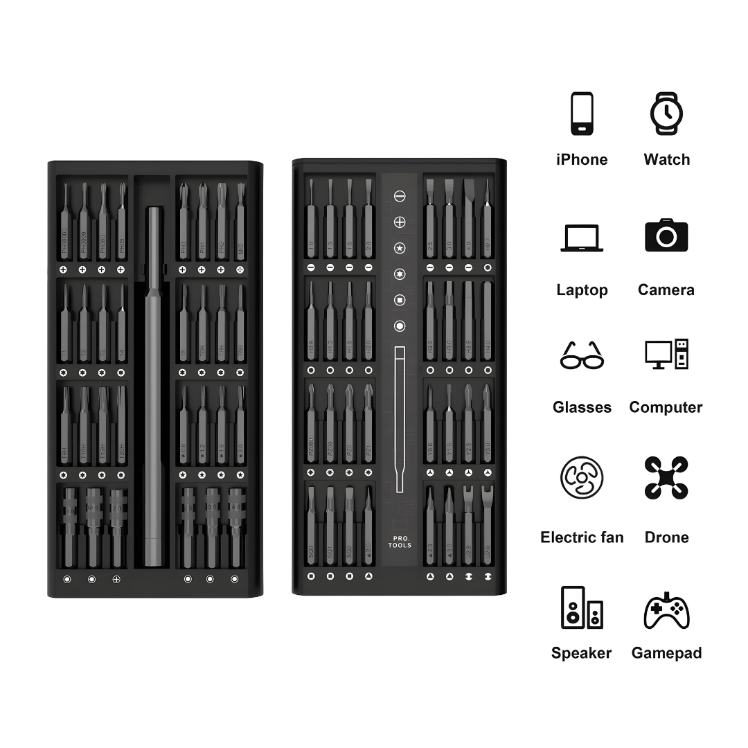 63-in-1 magnetic screwdriver repair set with aluminum handle and precision CRV bits in compact storage case – ideal for electronics and DIY repair.
