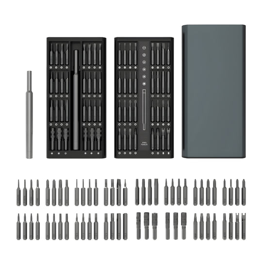 63-in-1 magnetic screwdriver repair set with aluminum handle and precision CRV bits in compact storage case – ideal for electronics and DIY repair.