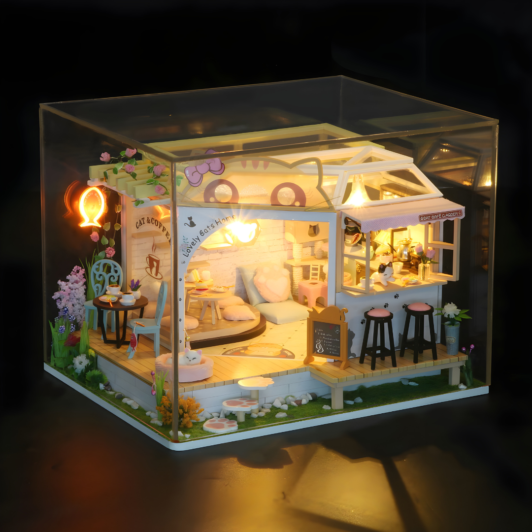 DIY Miniature Cat Café Garden with LED lights, music, and plexiglass dust cover – perfect for miniature collectors & DIY lovers in Beirut Lebanon.

