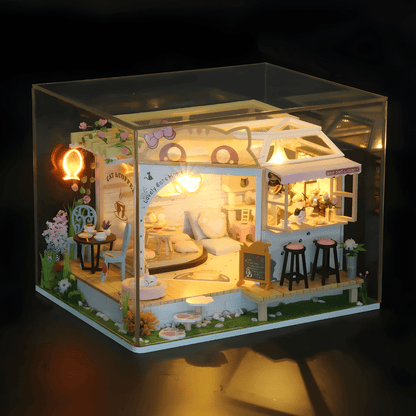 DIY Miniature Cat Café Garden with LED lights, music, and plexiglass dust cover – perfect for miniature collectors & DIY lovers in Beirut Lebanon.

