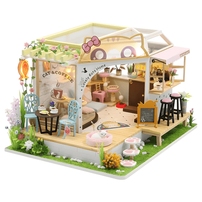 DIY Miniature Cat Café Garden with LED lights, music, and plexiglass dust cover – perfect for miniature collectors & DIY lovers in Beirut Lebanon.


