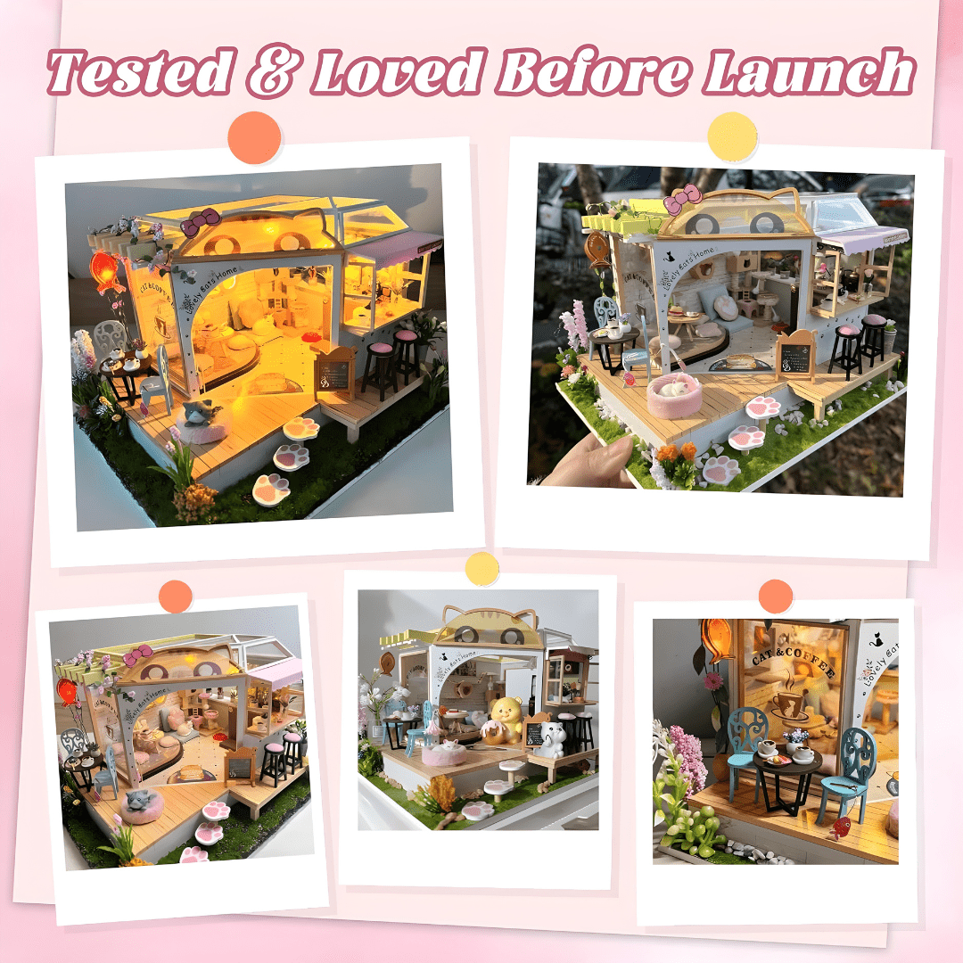 DIY Miniature Cat Café Garden with LED lights, music, and plexiglass dust cover – perfect for miniature collectors & DIY lovers in Beirut Lebanon.

