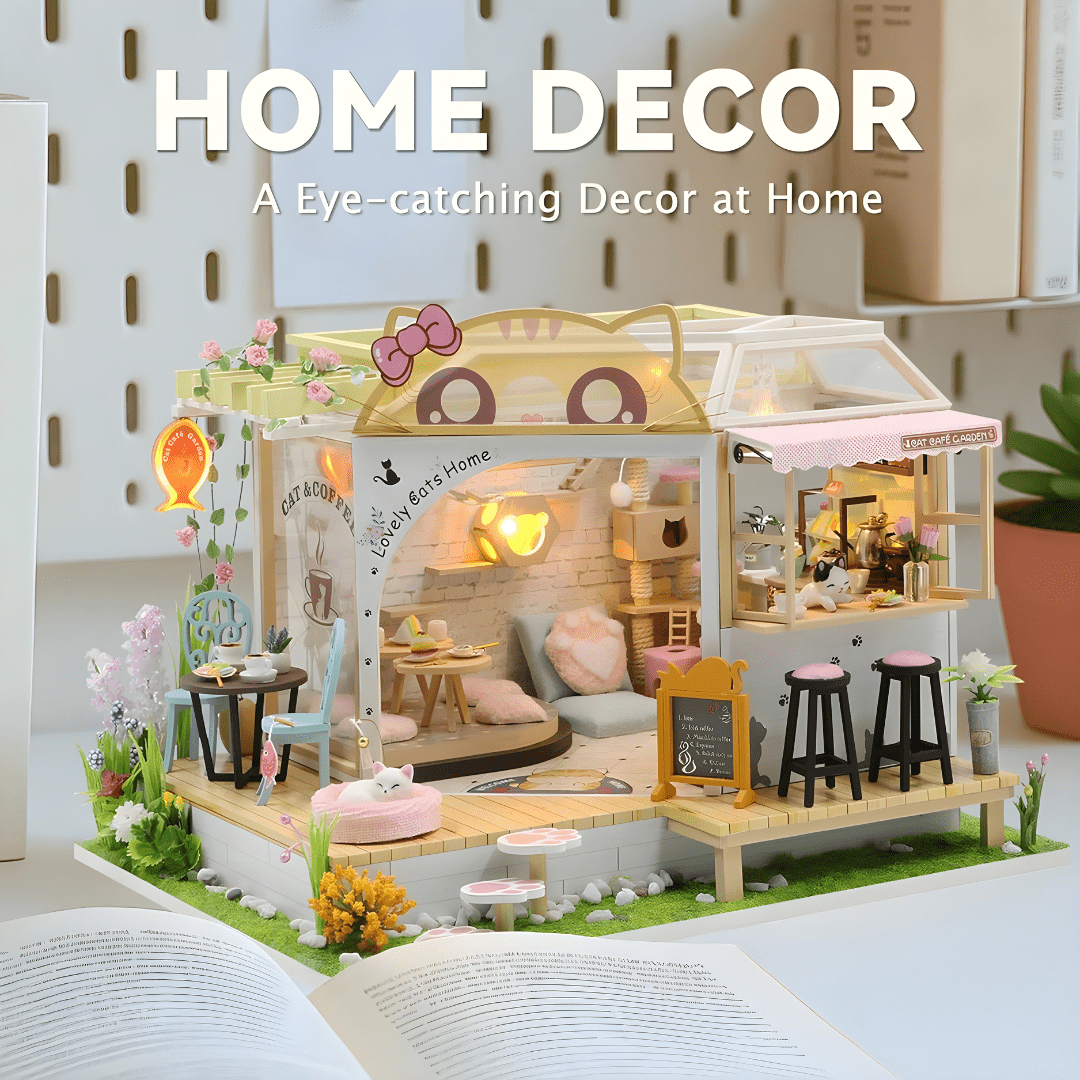 DIY Miniature Cat Café Garden with LED lights, music, and plexiglass dust cover – perfect for miniature collectors & DIY lovers in Beirut Lebanon.

