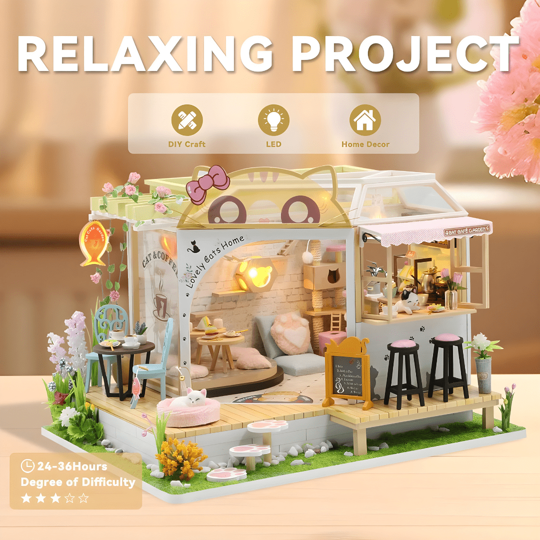 DIY Miniature Cat Café Garden with LED lights, music, and plexiglass dust cover – perfect for miniature collectors & DIY lovers in Beirut Lebanon.

