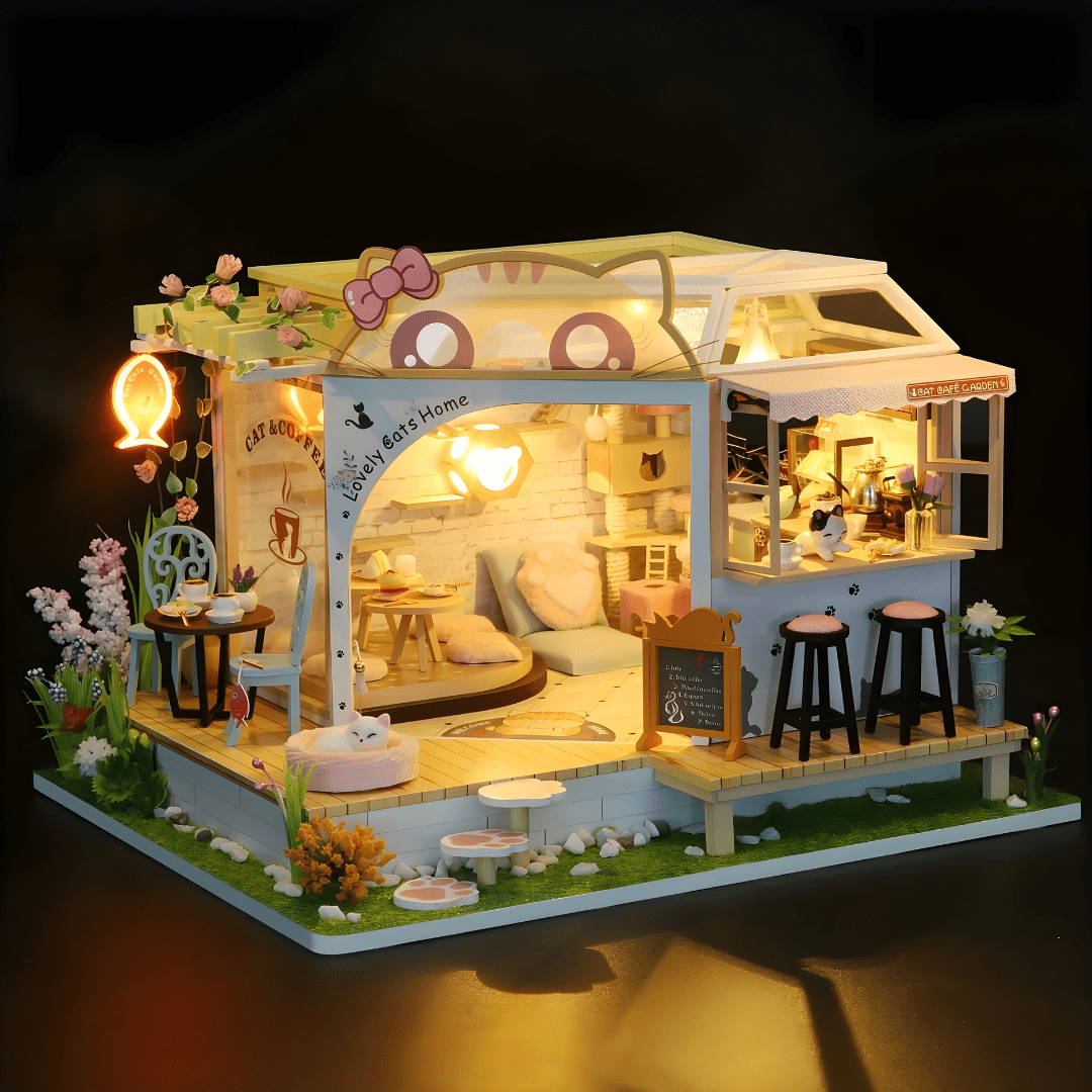 DIY Miniature Cat Café Garden with LED lights, music, and plexiglass dust cover – perfect for miniature collectors & DIY lovers in Beirut Lebanon.

