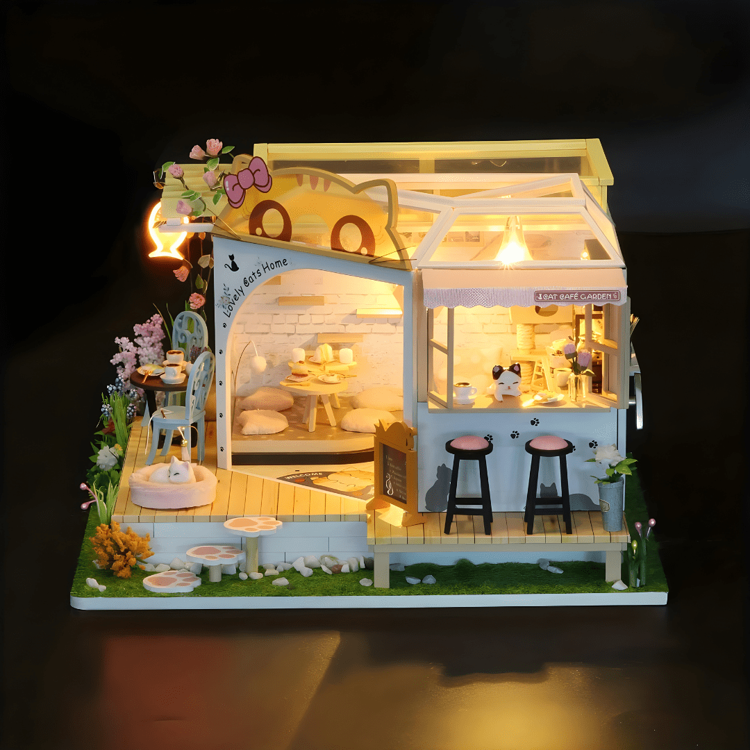 DIY Miniature Cat Café Garden with LED lights, music, and plexiglass dust cover – perfect for miniature collectors & DIY lovers in Beirut Lebanon.

