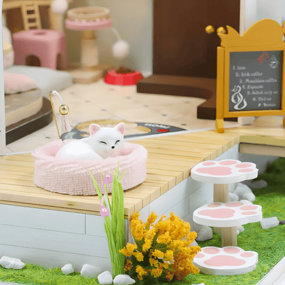 DIY Miniature Cat Café Garden with LED lights, music, and plexiglass dust cover – perfect for miniature collectors & DIY lovers in Beirut Lebanon.

