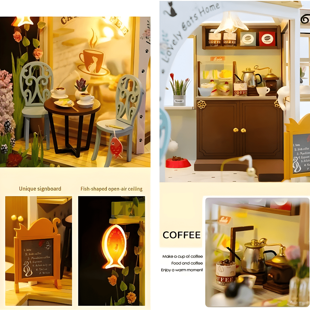 DIY Miniature Cat Café Garden with LED lights, music, and plexiglass dust cover – perfect for miniature collectors & DIY lovers in Beirut Lebanon.

