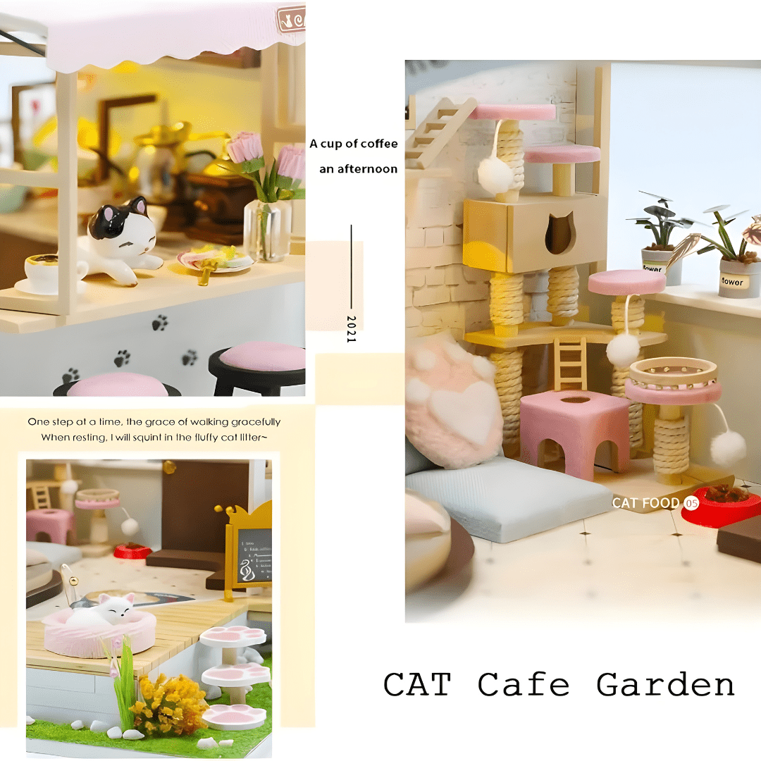 DIY Miniature Cat Café Garden with LED lights, music, and plexiglass dust cover – perfect for miniature collectors & DIY lovers in Beirut Lebanon.

