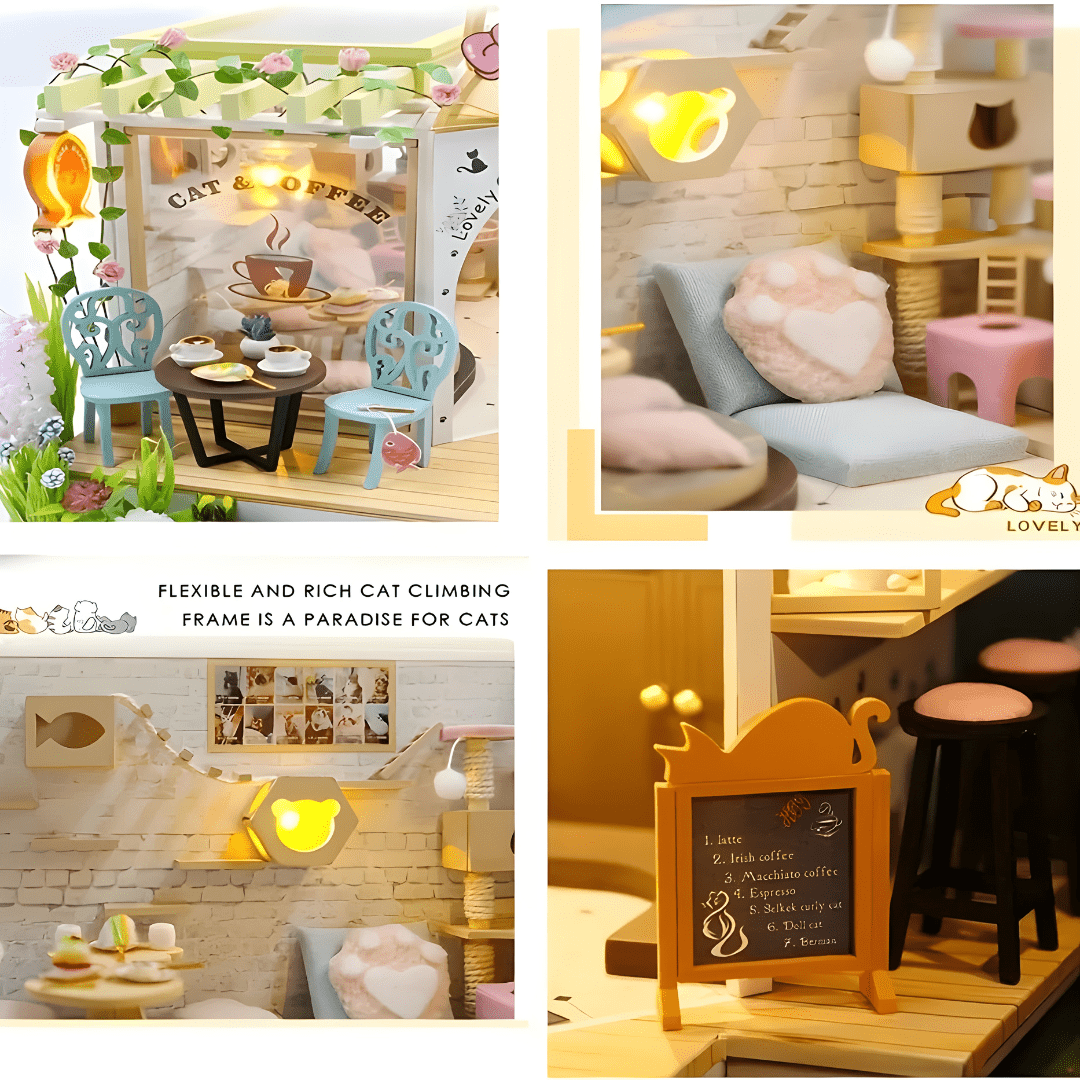 DIY Miniature Cat Café Garden with LED lights, music, and plexiglass dust cover – perfect for miniature collectors & DIY lovers in Beirut Lebanon.

