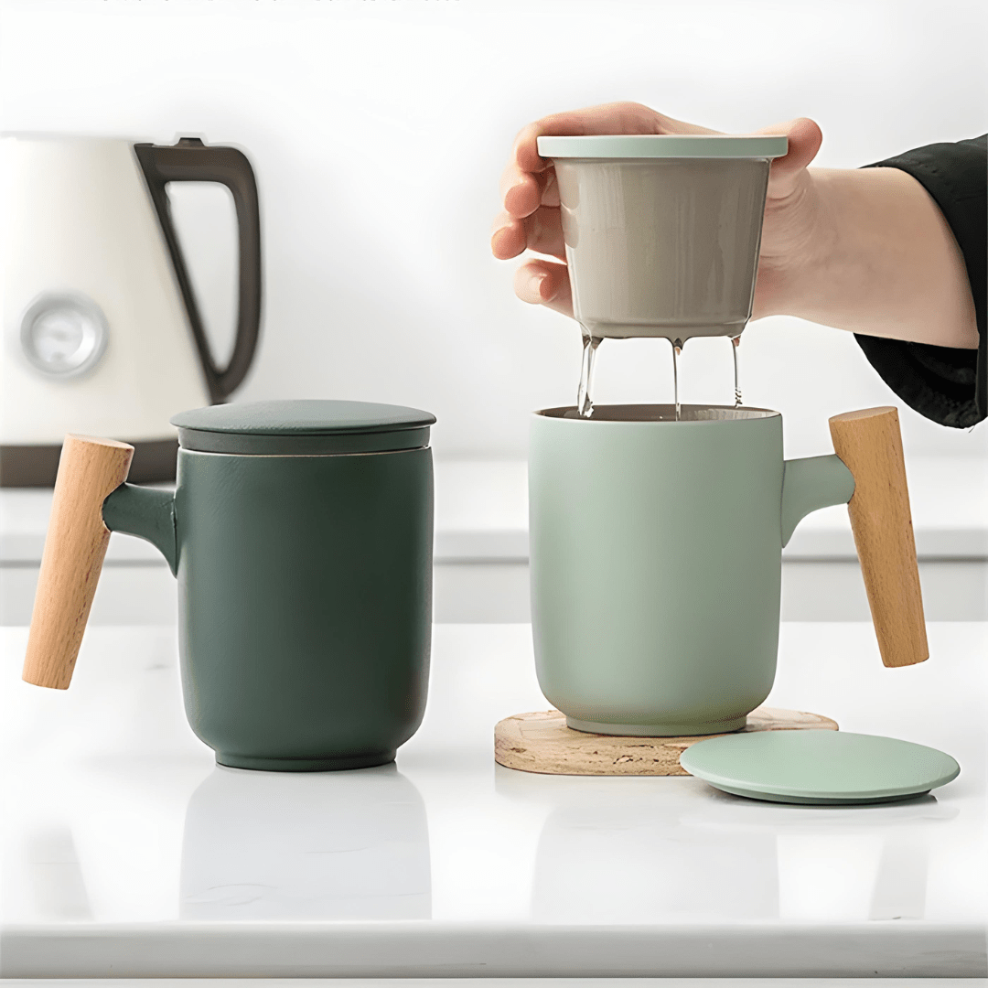 Ceramic tea mug with infuser and wooden handle – available in Beirut Lebanon