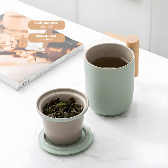 Ceramic tea mug with infuser and wooden handle – available in Beirut Lebanon