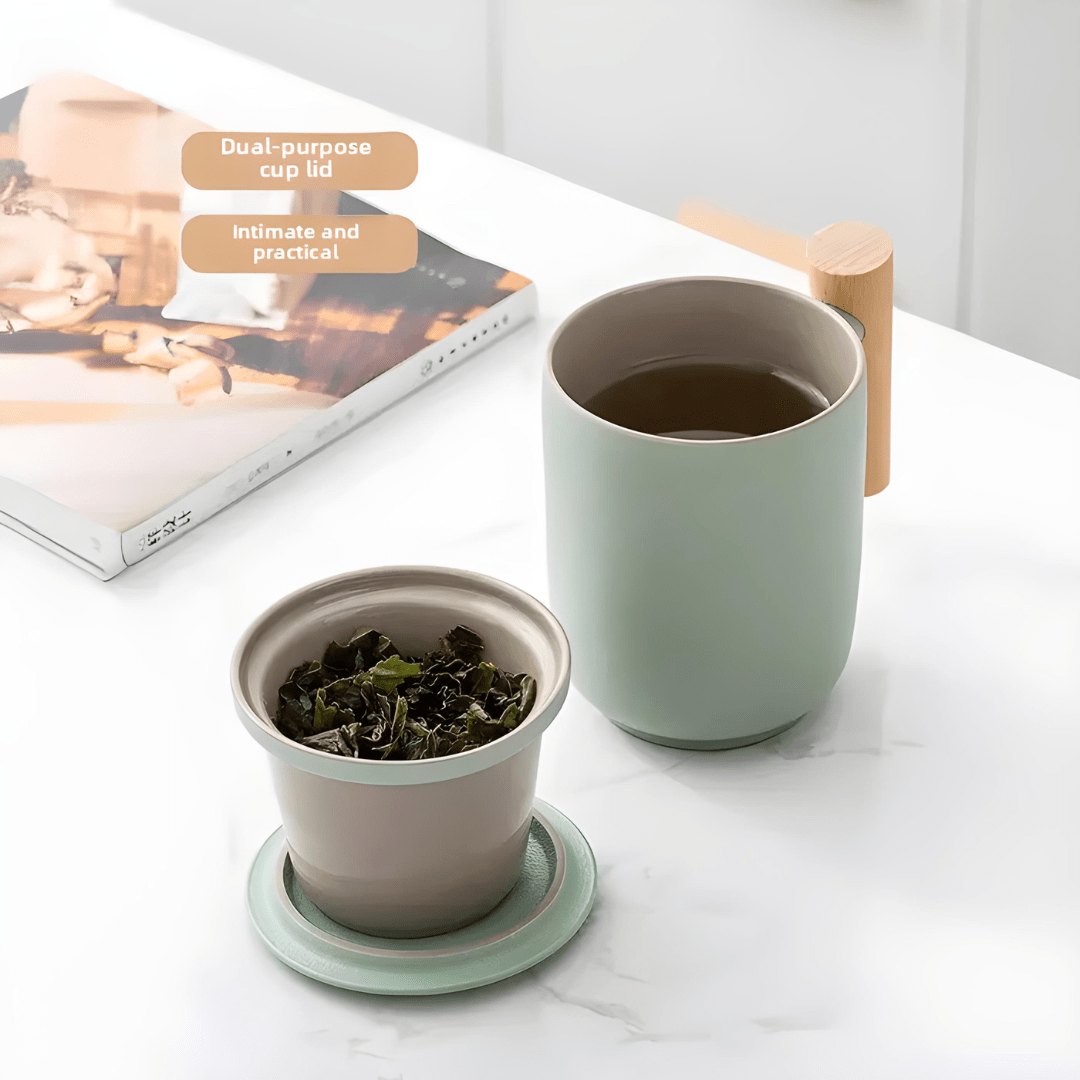 Ceramic tea mug with infuser and wooden handle – available in Beirut Lebanon