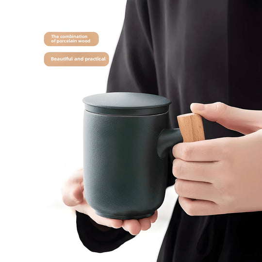 Ceramic tea mug with infuser and wooden handle – available in Beirut Lebanon