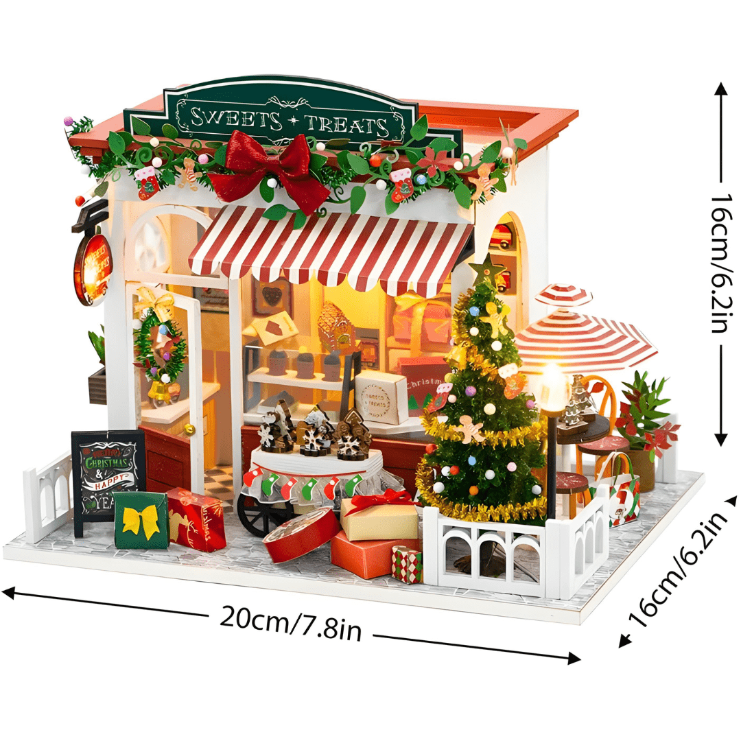 DIY Miniature Sweets & Treats Christmas House Kit with LED Lights and Dust Cover