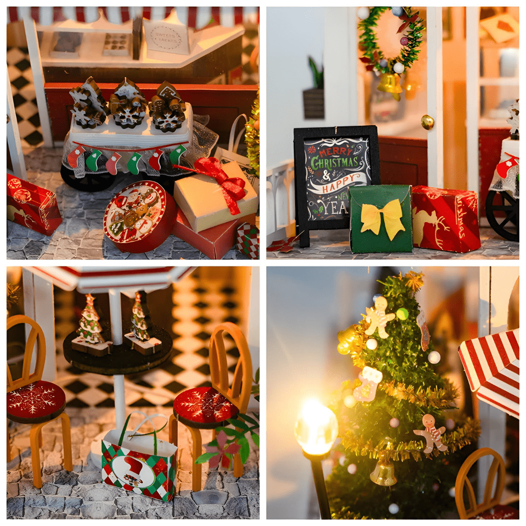 DIY Miniature Sweets & Treats Christmas House Kit with LED Lights and Dust Cover