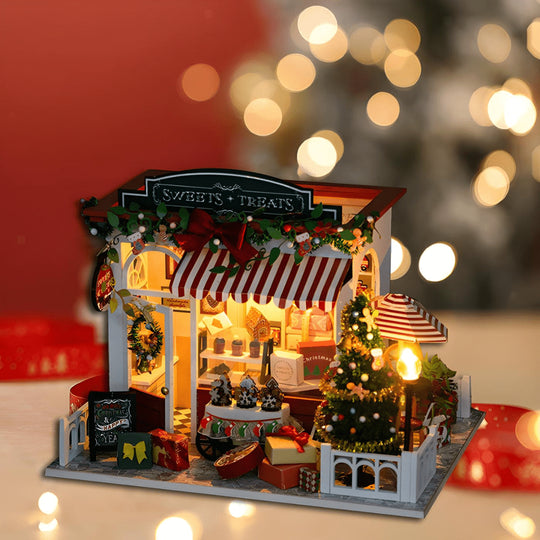 DIY Miniature Sweets & Treats Christmas House Kit with LED Lights and Dust Cover