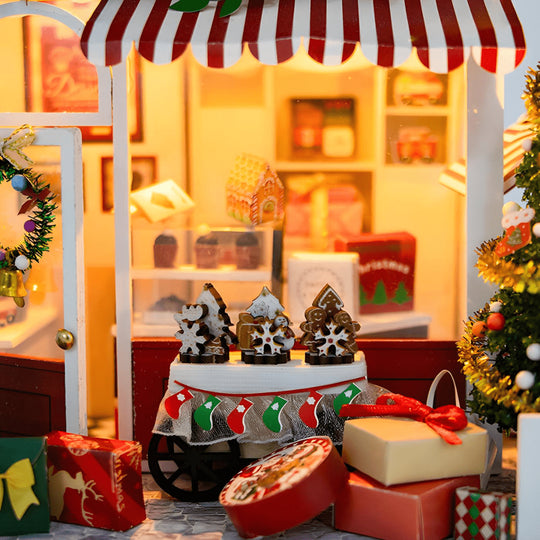 DIY Miniature Sweets & Treats Christmas House Kit with LED Lights and Dust Cover