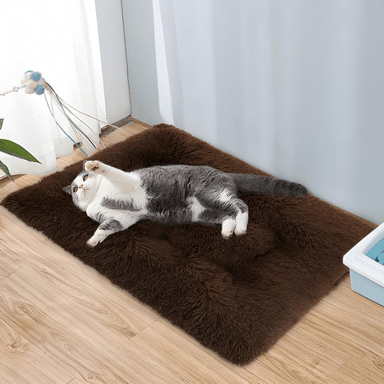 Fluffy faux fur pet bed for medium dogs and cats, 100x70cm, brown color, non-slip, washable – available in Beirut Lebanon
