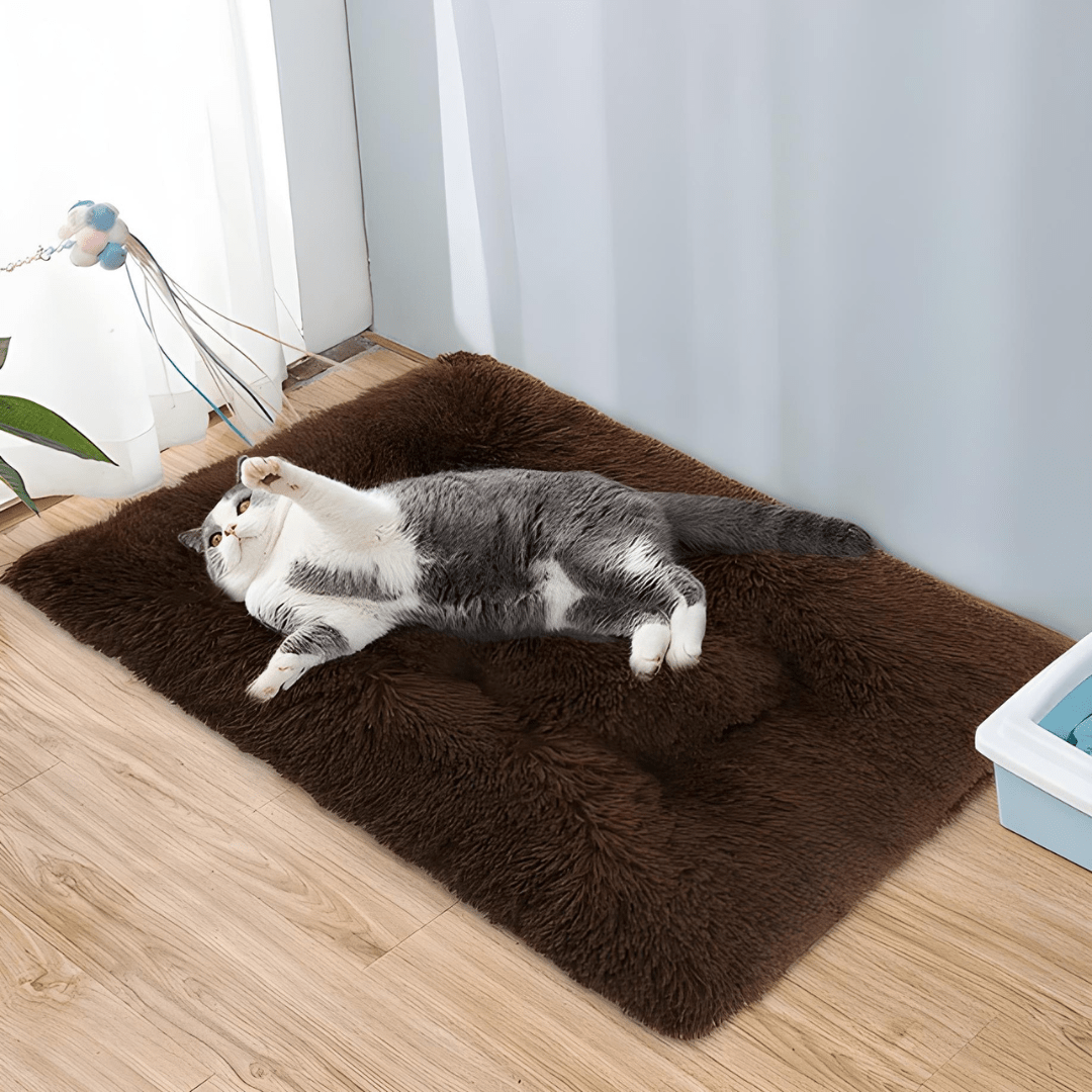 Fluffy faux fur pet bed for medium dogs and cats, 100x70cm, brown color, non-slip, washable – available in Beirut Lebanon