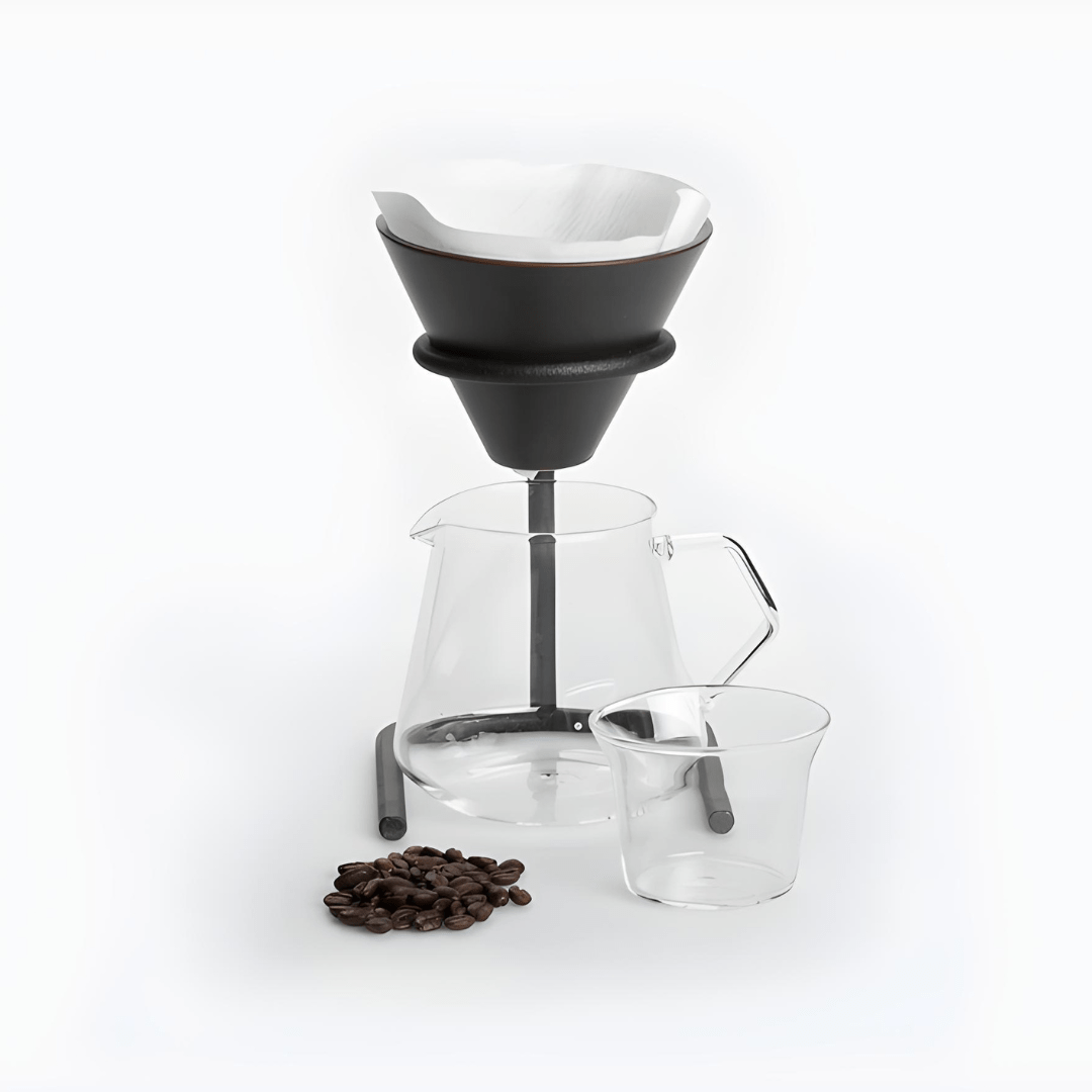 3-piece pour over coffee set with 600ml borosilicate glass jug, dripper, and metal stand – perfect for brewing 1–4 cups in Beirut Lebanon