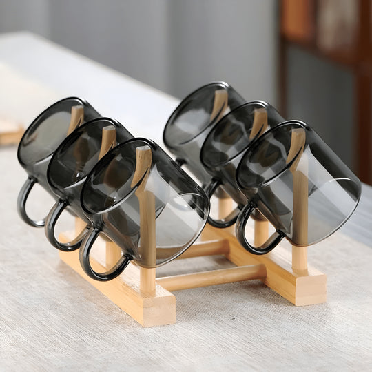 Smoky glass espresso cup set with wooden stand – 6 pieces, 90ml capacity