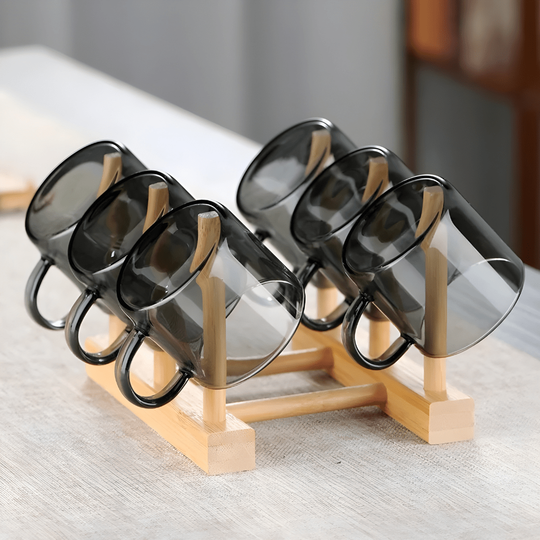 Smoky glass espresso cup set with wooden stand – 6 pieces, 90ml capacity