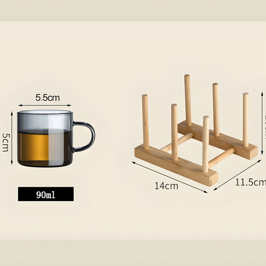 Smoky glass espresso cup set with wooden stand – 6 pieces, 90ml capacity
