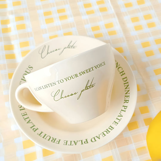 280ml ceramic mug with large saucer in cream and green text – premium coffee cup set