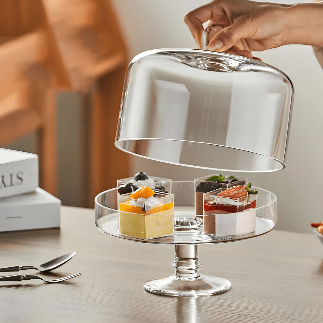 European Style Premium Glass Cake Stand with Dome – 2 Sizes, Gift-Ready Packaging