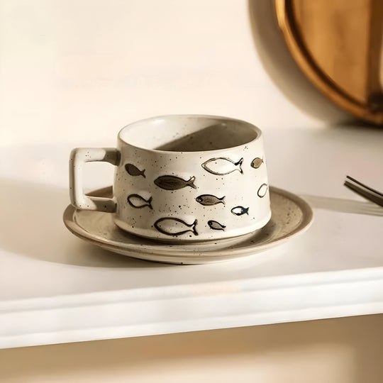 Retro Stoneware Coffee Cup & Saucer – Ocean Fish Motif 250ml