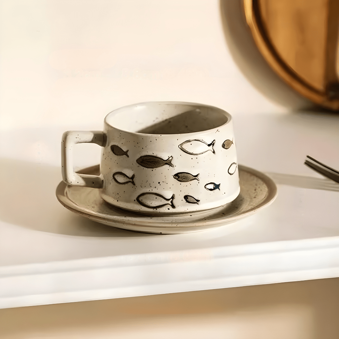 Retro Stoneware Coffee Cup & Saucer – Ocean Fish Motif 250ml